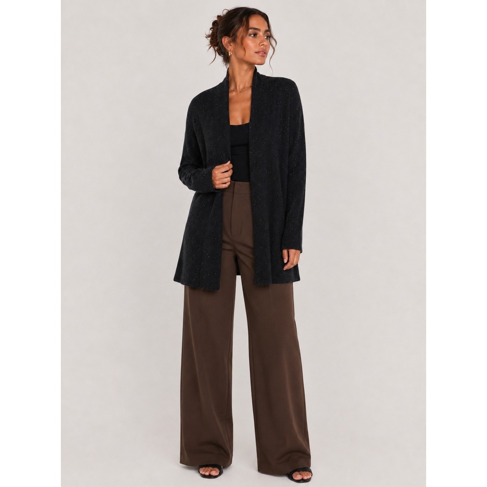 Nordstrom Signature 100% Cashmere Open Front Cardigan Sweater Black Speckled L